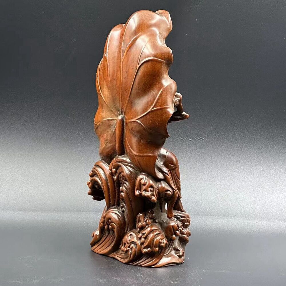 Chinese Boxwood Carving Lotus Leaf Kwan Yin Statue Wood Figurine Decoration Art