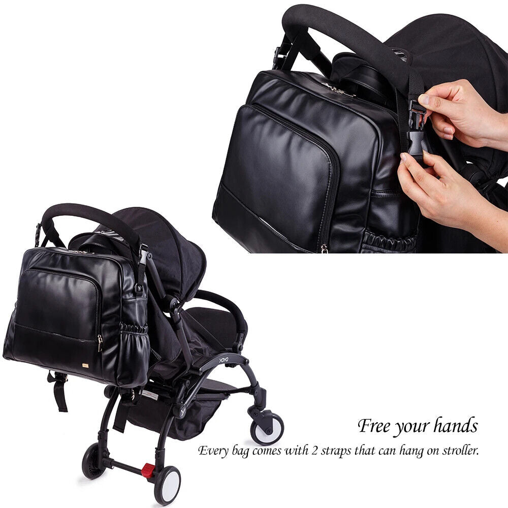 Black Diaper Bag Smooth Nursing Changing Backpack for Newborn Baby 2 Straps