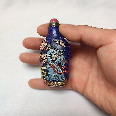 Old Beijing chinese colored glaze peking glass snuff bottle painted carved crane