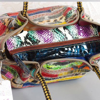 Women 100% Genuine Leather Snake Stripes Colorful Handbag Shoulder Satchel Tote