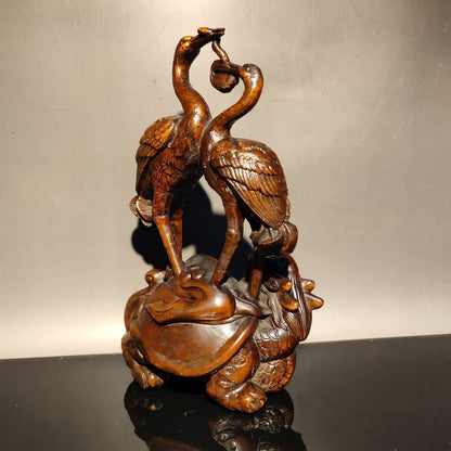 vintage carved wooden crane figurine wood statue Boxwood longevity Turtle gift