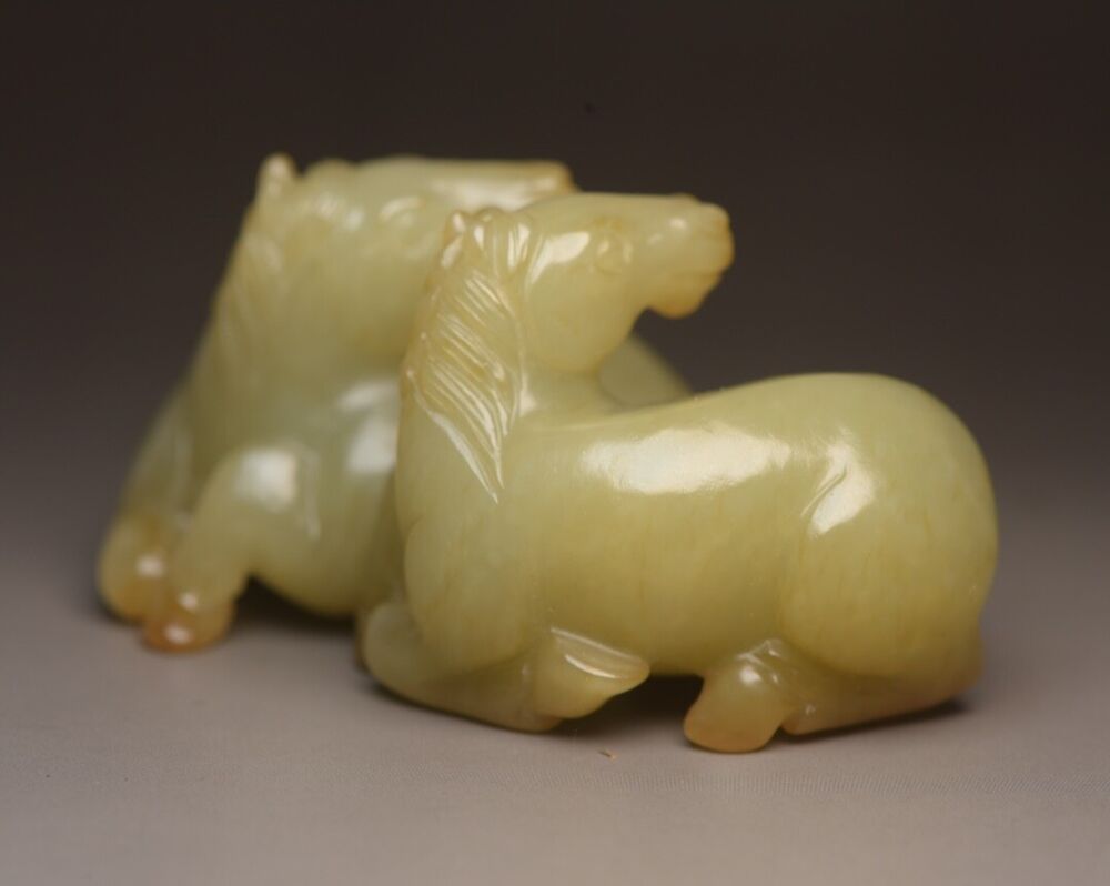 Chinese Natural Hetian Jade Carving Exquisite Pair Horse Statue Collectible Art