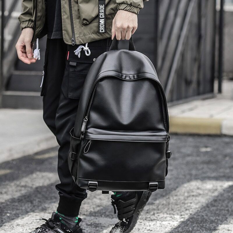 Men Leather Backpack Black School Bags Boys 15.6 Inch Laptop Backpacks
