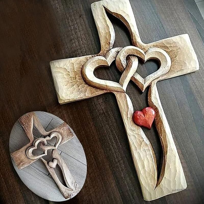 Carved Wood Cross Intertwined Hearts Christian Crucifix Religious Decors 16x23cm