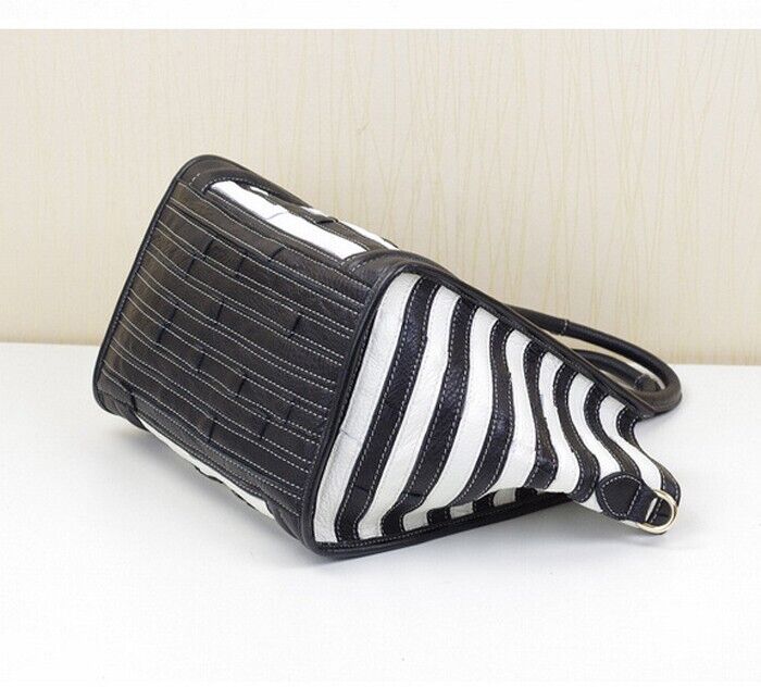 Women's Bag Luxury Genuine Leather Tote Handbags Black and White Shoulder Bag