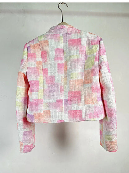 Autumn Winter French Plaid Tweed Short Jacket Coat Women Pockets Outwear