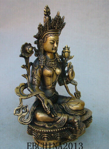 9" Tibet Bronze Gilt Green Tara Mahayana Buddhism Enlightenment Goddess Statue