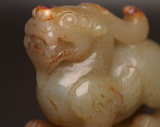 Chinese Antique Natural Hetian Jade Carving Unicorn Seal Statue Animal Sculpture