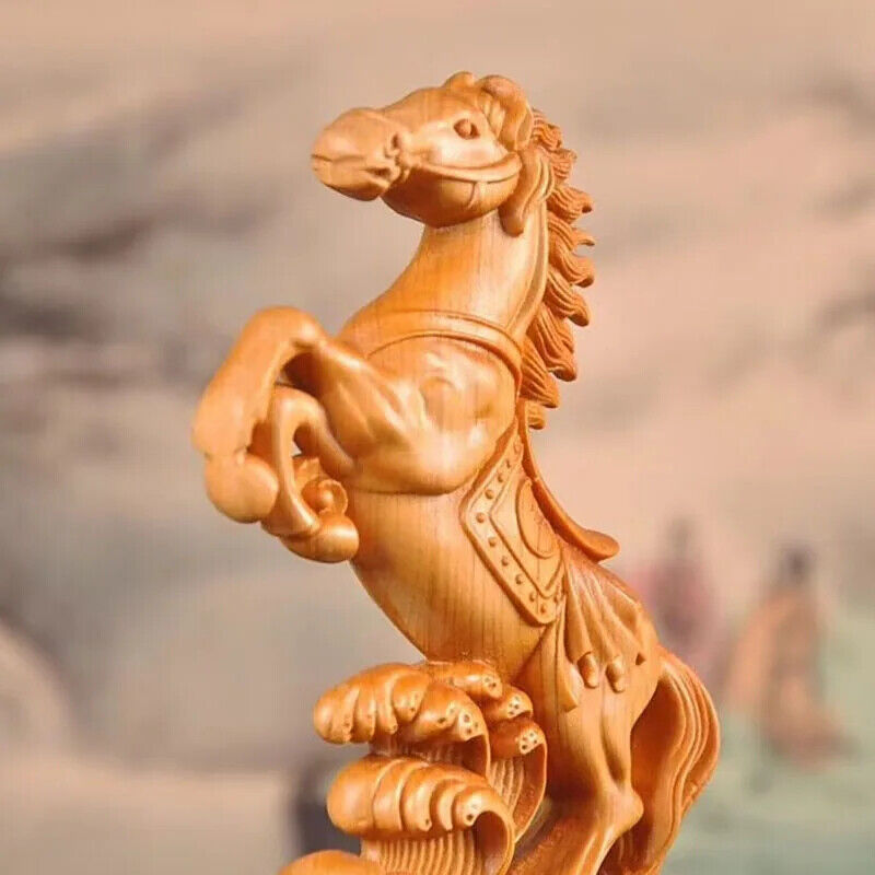 Natural Cypress Animal Horse Statue Carving Of Solid Wood Home Room Office 7.2in