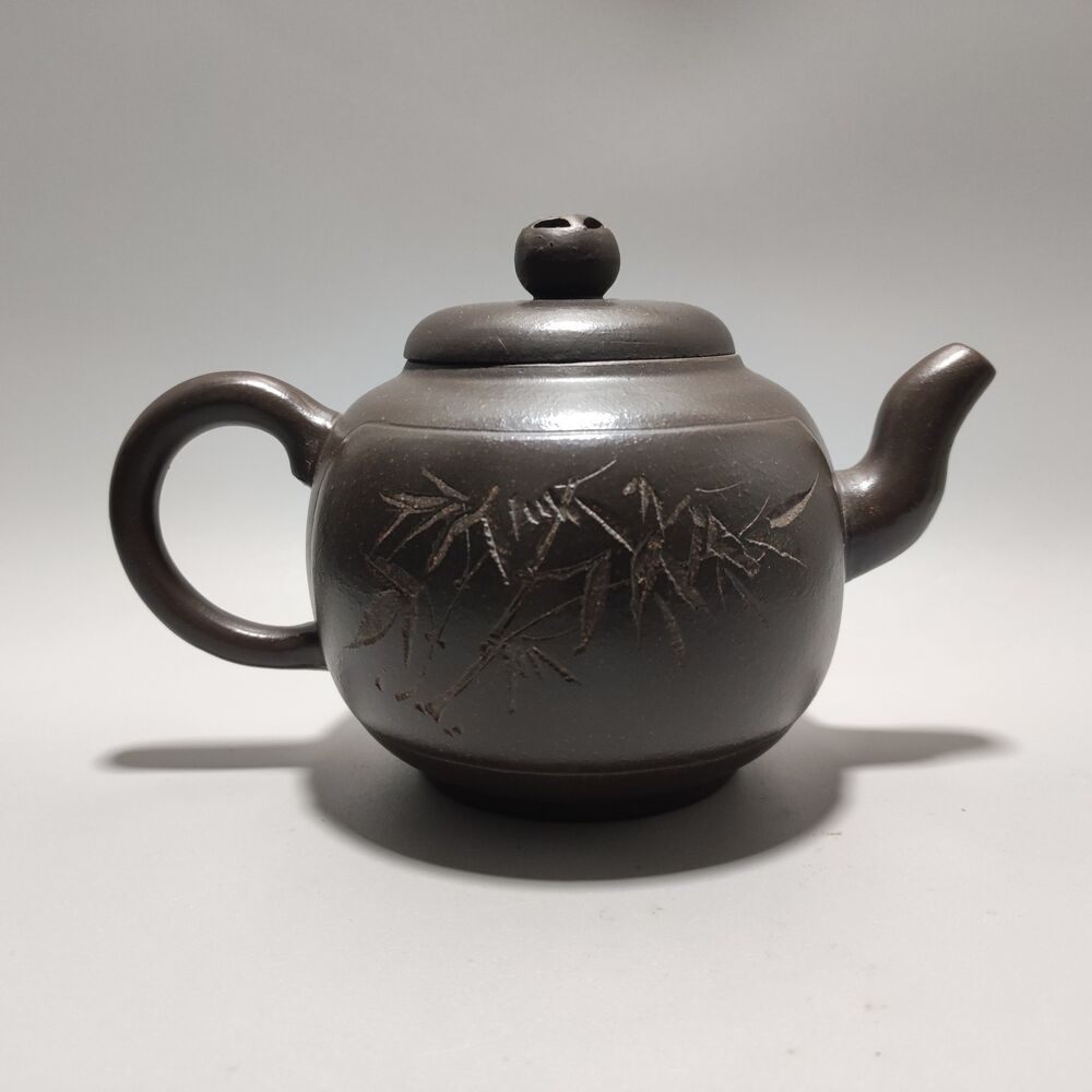 Vintage Chinese Yixing Purple Clay Teapot Zisha Ceremony Carving Bamboo Teaware