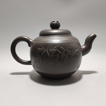 Vintage Chinese Yixing Purple Clay Teapot Zisha Ceremony Carving Bamboo Teaware