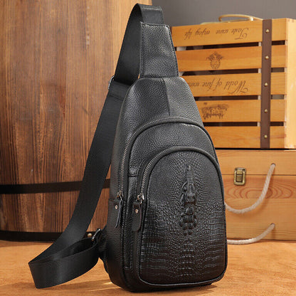 Mens Cow Leather Crocodile Pattern Chest Bag Sling Backpack Crossbody Travel Bag
