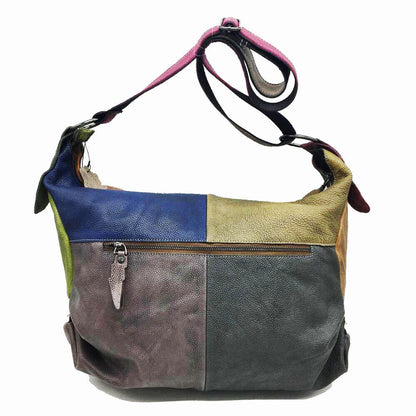Vintage Patch Ruched Brushed Real Leather Hobo Shoulder Bag Crossbody Purse