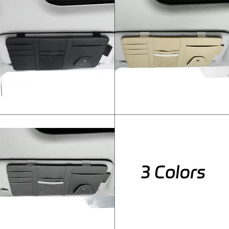 Car Sun Visor Storage Bag PU Leather Auto Glasses Ticket Folder Phone Organizer