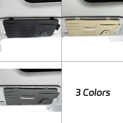 Car Sun Visor Storage Bag PU Leather Auto Glasses Ticket Folder Phone Organizer