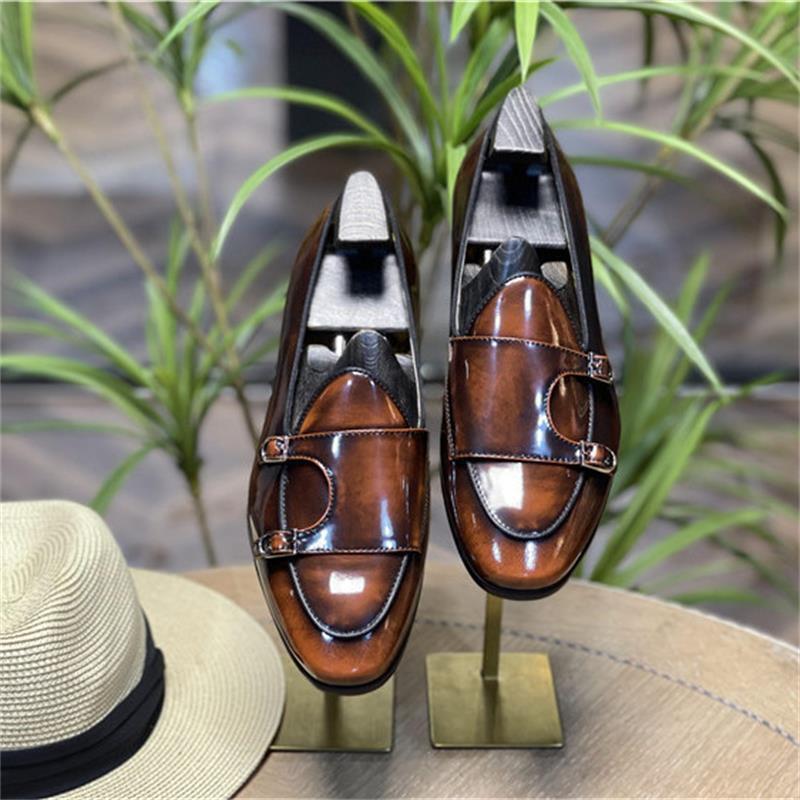 Men Loafers Leather Round Toe Low Heel Double Buckle Business Dress Shoes