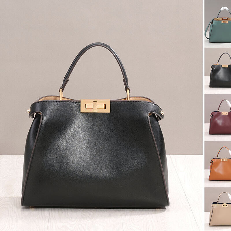 Real Leather Trapezoid Twist-Lock Tote Shoulder Bag Purse Crossbody Top Handle