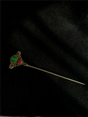 Antique Tibetan Silver inlay Red green gem jade Retro Hairpin Step shake