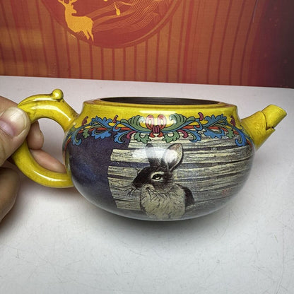 Vintage China Yixing Purple Clay Teapot Zisha Ceremony Enamel Animal Tea Set Art