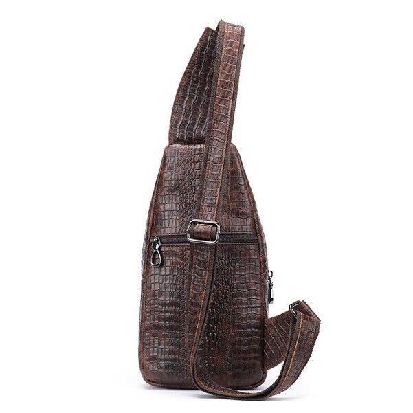 Genuine Leather Sling Backpack, Crocodile Pattern Daypack, Brown Crossbody Bags
