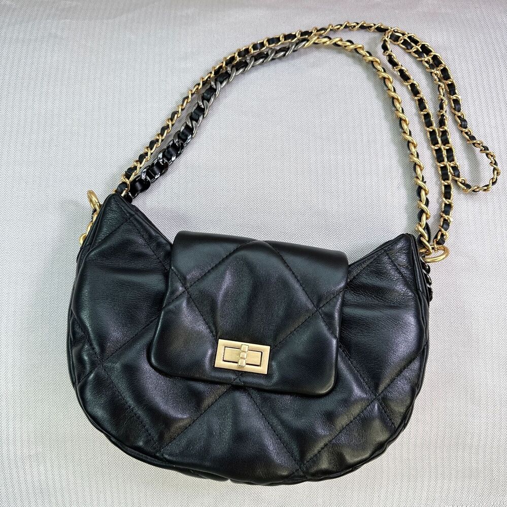 Quilted Lambskin Leather Hobo Purse Shoulder Bag Tote Handbag w/ Chains Fashion