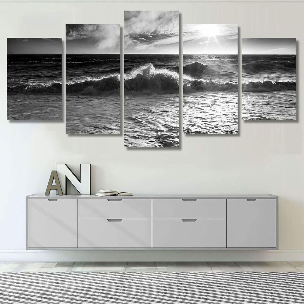 Ocean Waves Sunburst Black and White 5 Pieces Canvas Print Wall Art Home Decor