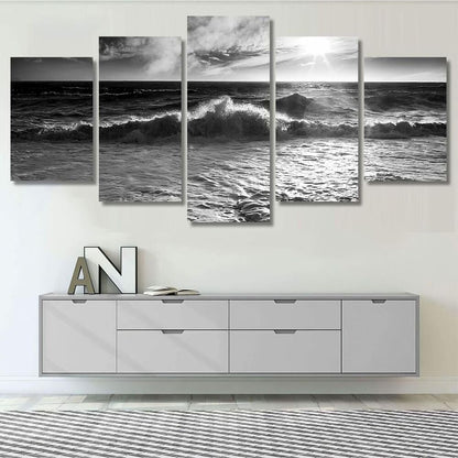 Ocean Waves Sunburst Black and White 5 Pieces Canvas Print Wall Art Home Decor