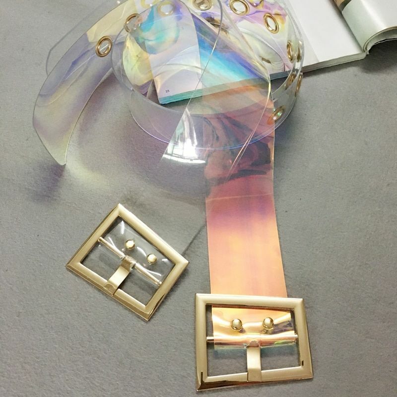 Women Transparent Belts Trapezoid Gold Metal Buckle Wide Dress Jeans Waistbands