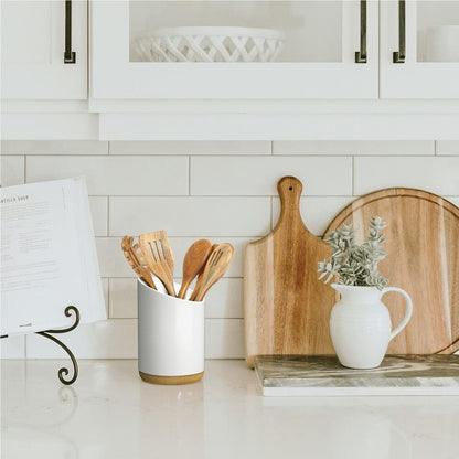 Ceramic Utensil Holder for Kitchen Countertop Caddy Organizer with Wooden Base