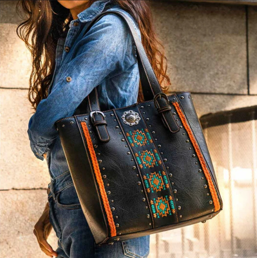 Celela Concealed Carry Studs Stitch Concho Women Tote Handbag Shoulder Bags