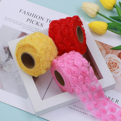 Party Decoration 5Yards DIY Rose Lace Fabric 3D Chiffon Flower Embroidered Decor