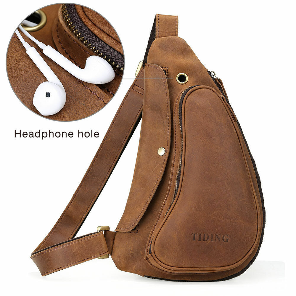 Man's Brown Real Leather Messenger Sling Chest Bag Sports Pouch Pack Cross Body