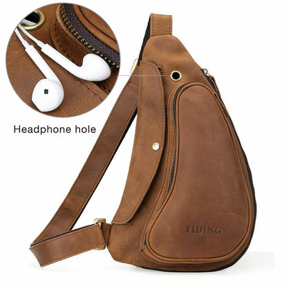 Man's Brown Real Leather Messenger Sling Chest Bag Sports Pouch Pack Cross Body