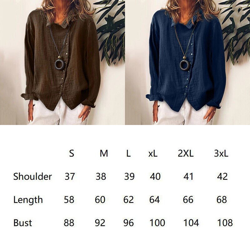 Women Cotton Linen Plain Blouse Tops Baggy Long Sleeve Casual Loose T-Shirt