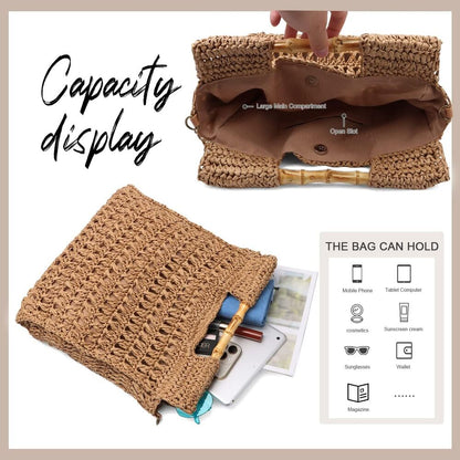 Handmade Women Straw Handbag Summer Beach Drawstring Rattan Top Handle Purse