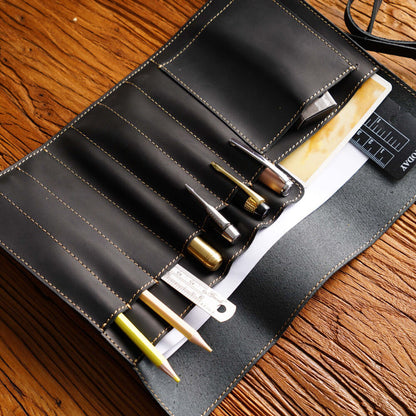 Handmade Cowhide Leather Pen Pouch Vintage Roll-up Pencil Case Bag Pen Curtain