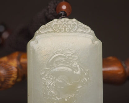 Chinese Natural Hetian Jade Carved Exquisite Dragon Guanyin Statue Lucky Pendant