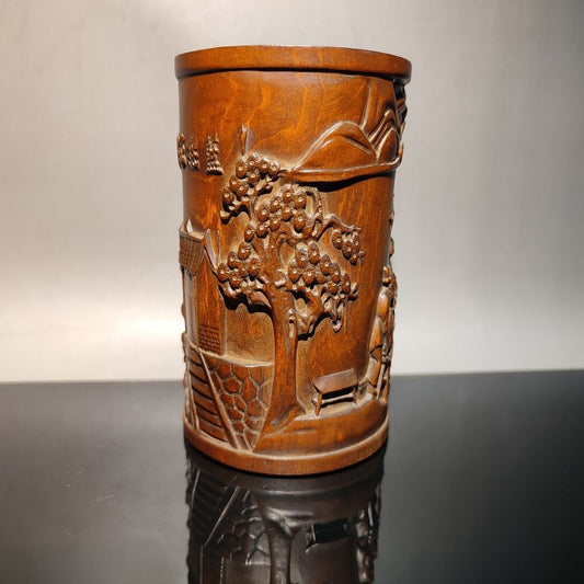 chinese carved brush pot pots pen case statue wood carving Hakka people story