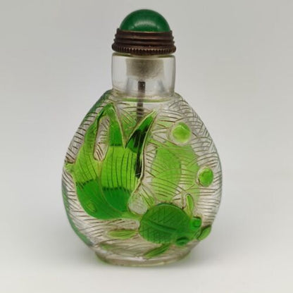 Collection Antique Chinese Green Glazed Nice Snuff Bottle Carved Goldfish Statue