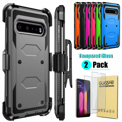 Case For LG V60 ThinQ 5G Clip Belt Stand Rubber Cover / Tempered Glass Protector