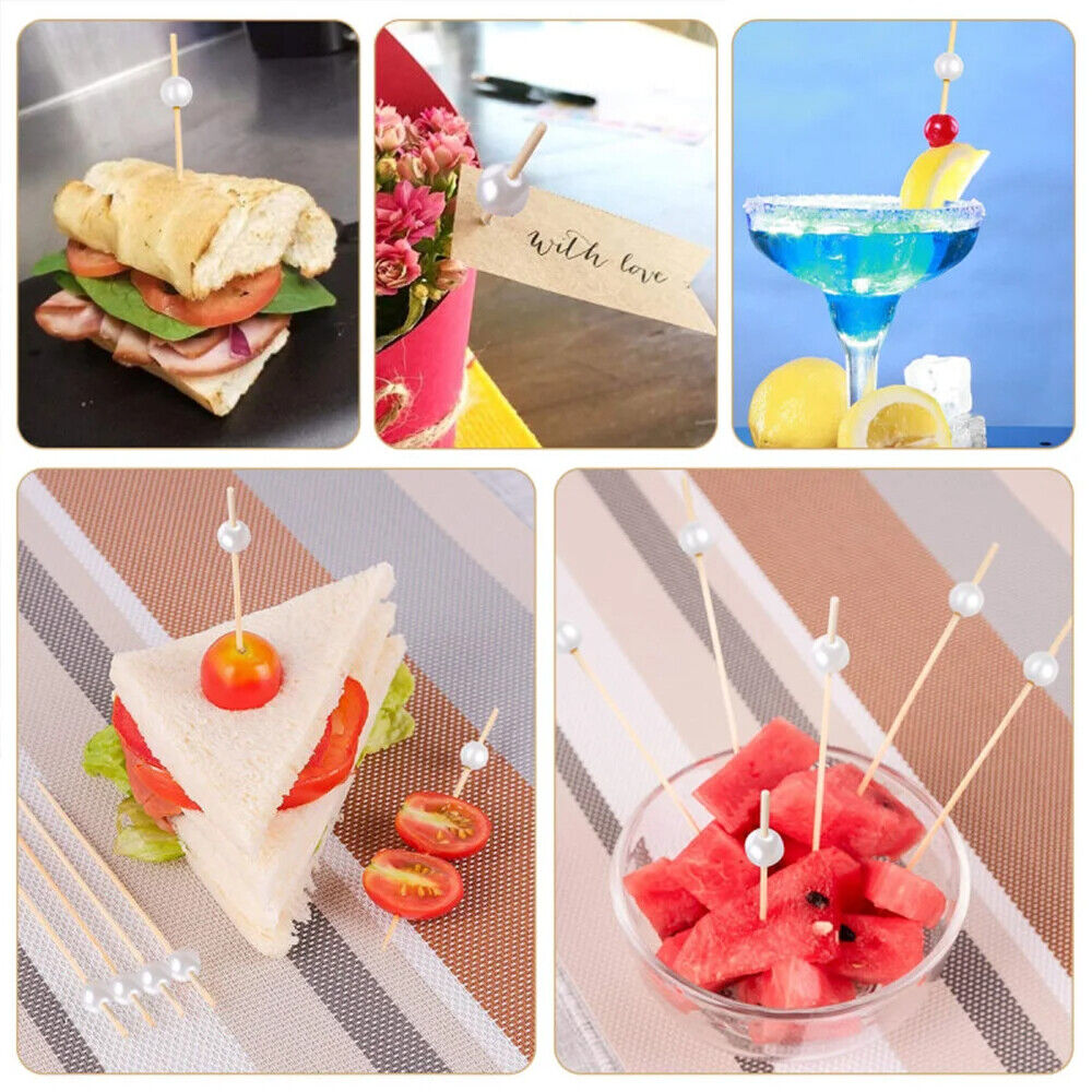 Bamboo Skewer 100Pcs Wedding Pearls Disposable Wooden Cocktail Fruits Fork 12cm