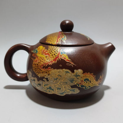 Vintage Chinese Yixing Purple Clay Teapot Zisha Ceramic Painted Dragon Teaware