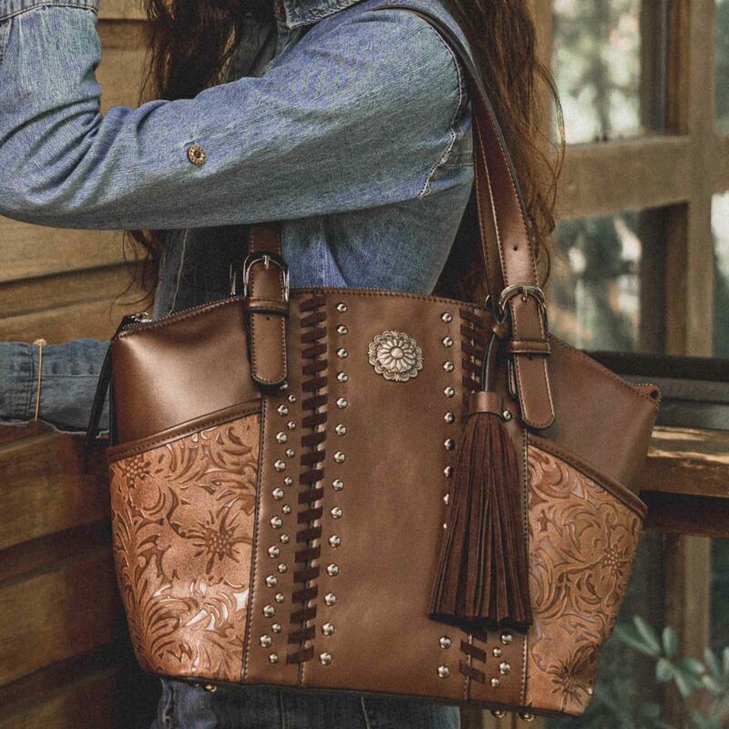 Women Concealed Carry Handbag Fringe Studs Tote Purse Top-handle shoulder Bag