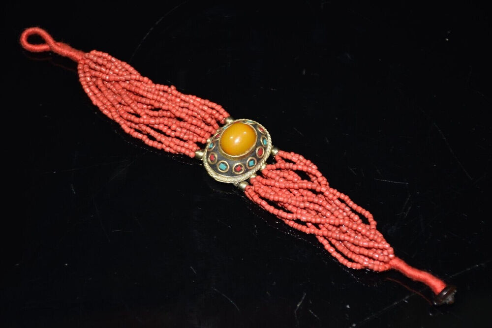 Tibet white copper inlaid gemstone honey wax imitation red treasure bracelet