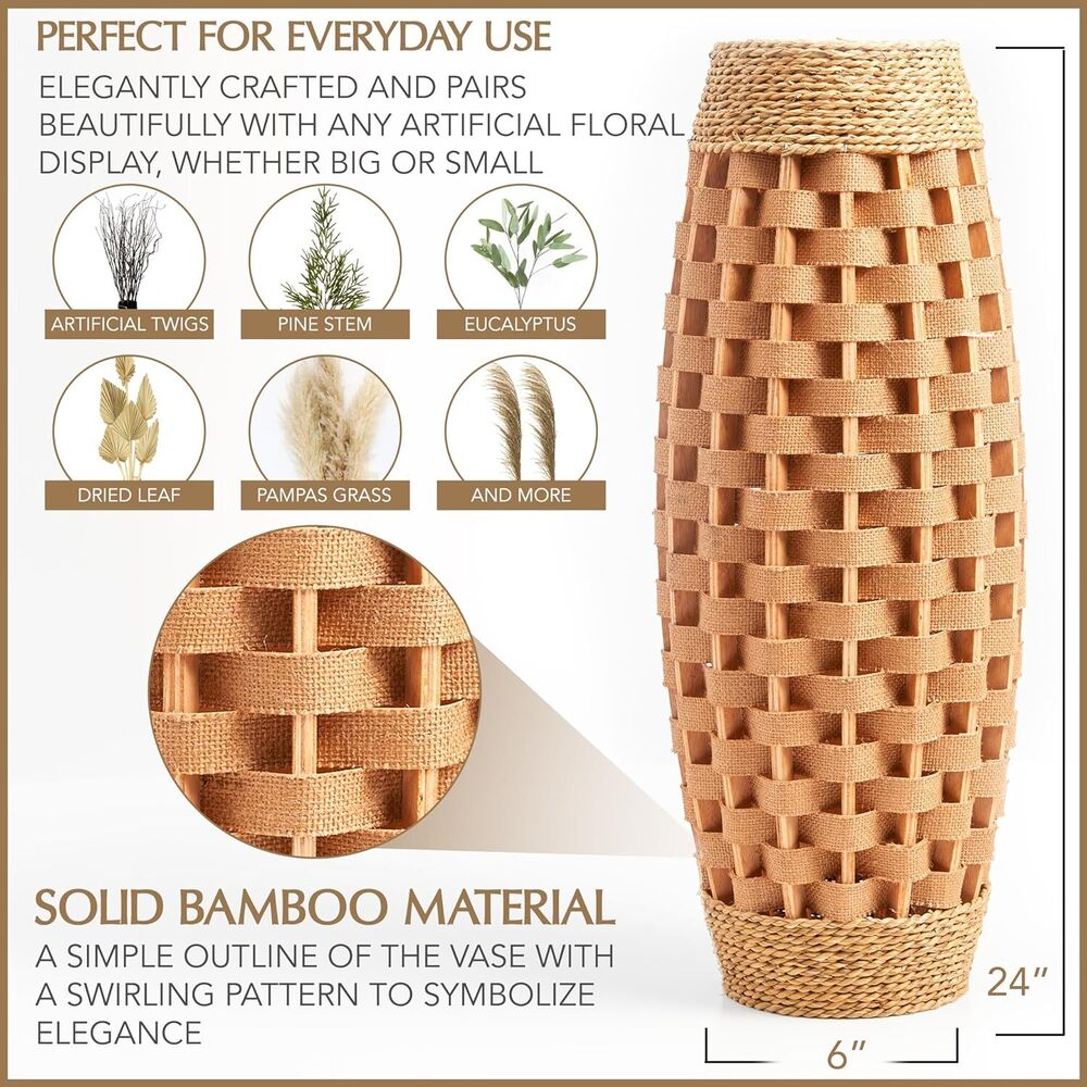 Hand Woven Wood & Seagrass Tall Vase Decorative Large Basket Home Flower Holder