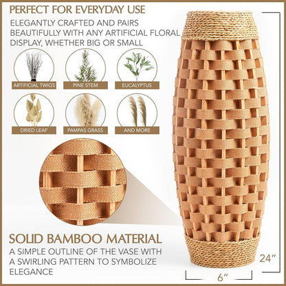 Hand Woven Wood & Seagrass Tall Vase Decorative Large Basket Home Flower Holder