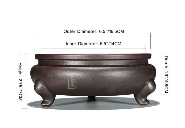 Round Chinese Yixing Zisha Shohin Literati Bunjin Bonsai Pot 6.5''x6.5''x2.75''