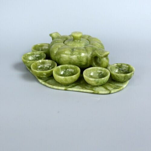 Chinese Traditional Natural Handmade Jade Teapot Carving Gong Fu Tea Cup Set