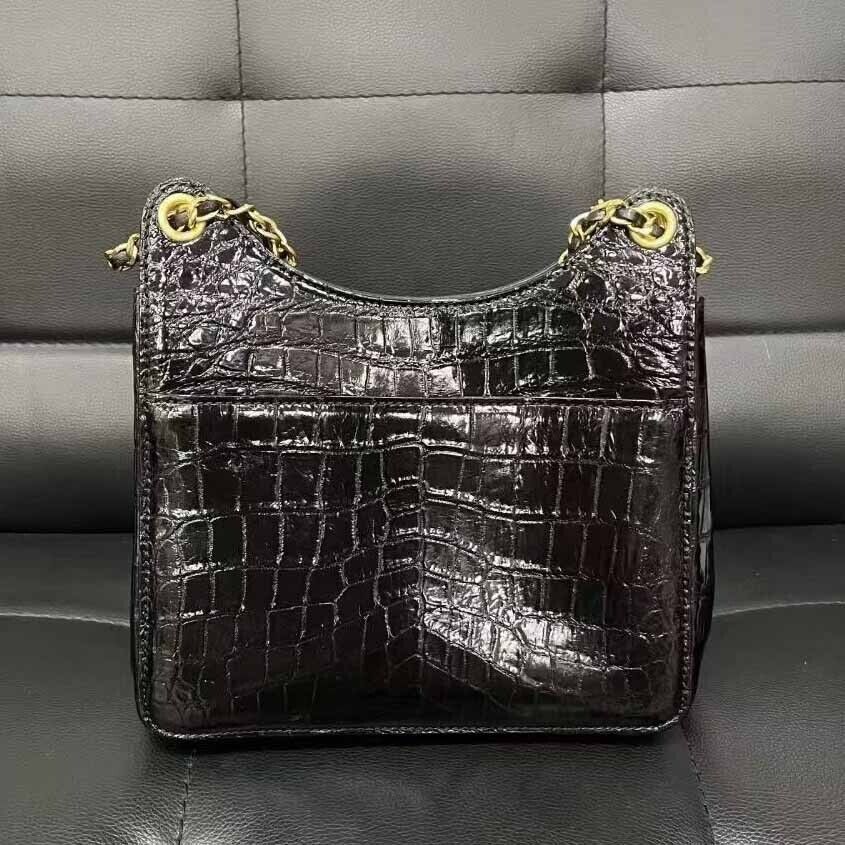Black Alligator Crocodile Belly Skin Chain Bag, New Desinger Women's Shouler Bag