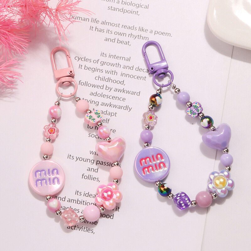 Acrylic Color-plated Heart Love Keychain Cute Flower Beaded Keyring Bag Pendant